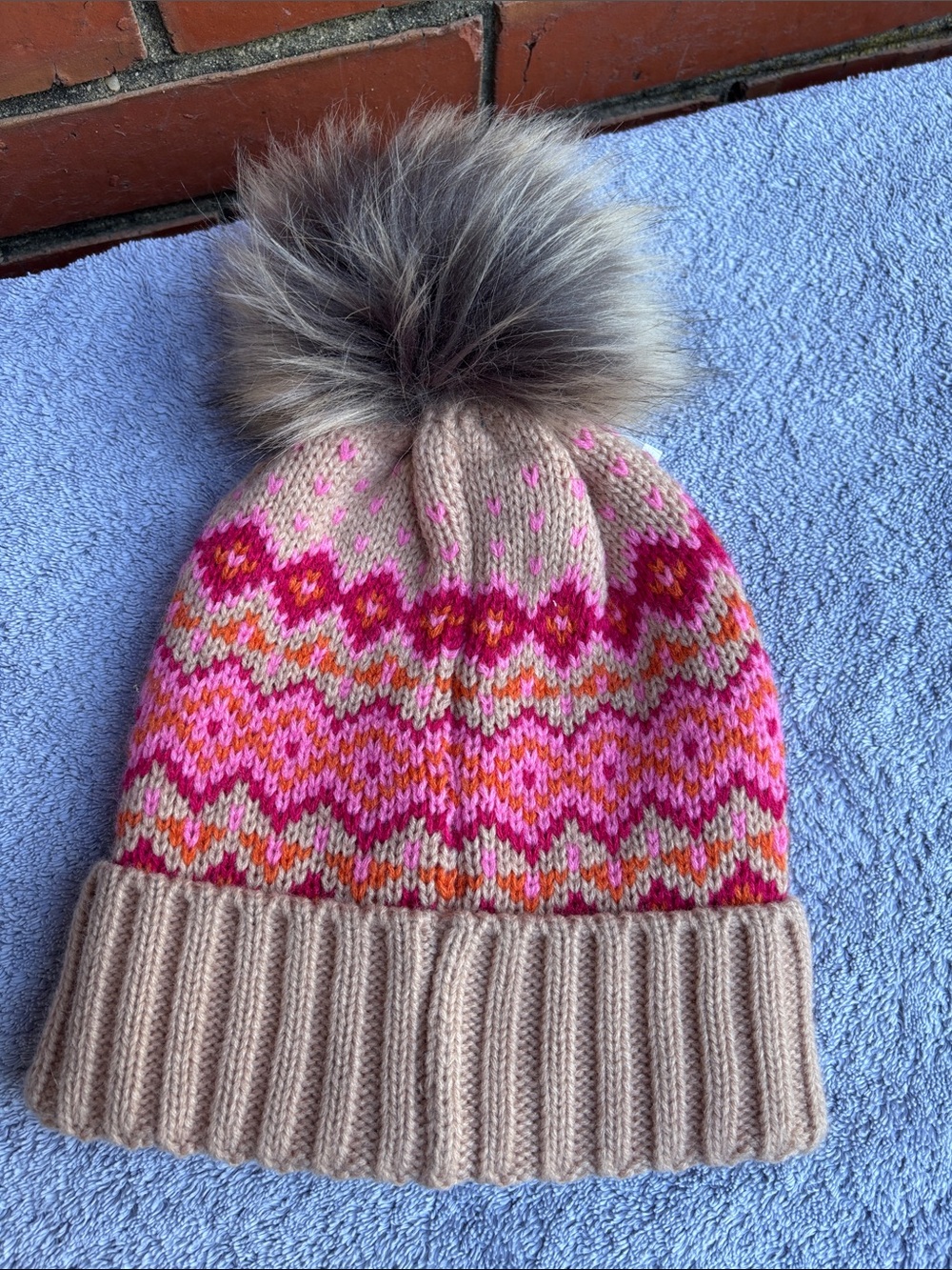 Pom Pom Knit Beanie - Pink Multicolor with Beige Cuff - Picture 3 of 7